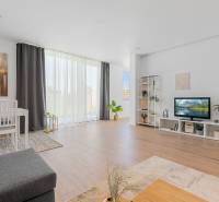 Living room in a three-room apartment with a wooden decor floor, dining area, and television.