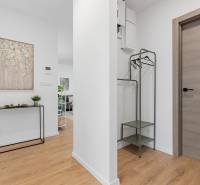 Entrance hall in a 3-room apartment with a wooden decor floor and stylish furniture.