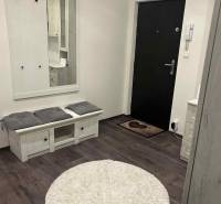 A hallway in a 3-room apartment with a wood-patterned floor and a mirror.