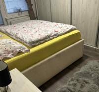 A bedroom in a 3-room apartment with a solid wood bed, a wardrobe, and a floor with a wooden decor.