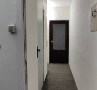 A narrow hallway in a 3-room apartment with white walls and dark doors.