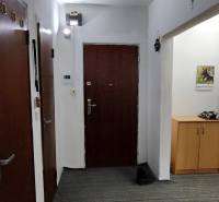 Entrance hallway with a wardrobe and a mirror in a 3-room apartment, floor with wood decor.