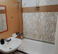 Bathroom in a 3-room apartment with a bathtub, sink, and tiles with a wooden decor.