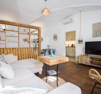 Living room in a one-room apartment with a sofa, wooden decor, and a television, leading to the kitchen.