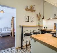 A kitchen in a studio apartment with a bar counter, armchairs, and wall decorations.