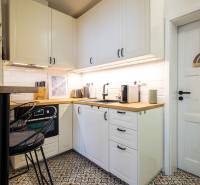 A kitchen in a studio apartment with white cabinets and patterned flooring.