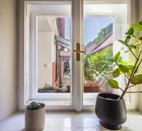 A view from a one-room apartment through a window with plants on the windowsill.