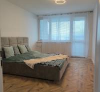Bedroom in a 4-room apartment with a bed and a wooden decor floor.