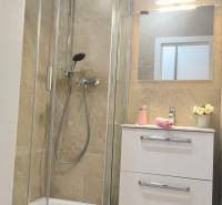 Bathroom with a shower, sink on a cabinet, mirror, and mirror lighting in a 4-room apartment.