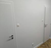 White walls with doors and a wooden decor floor in a 4-room apartment.