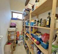 Pantry with shelves full of groceries and household items in a family home.