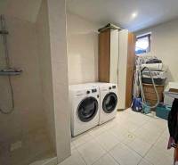 Laundry room in a family house with a washing machine, dryer, shower, and storage spaces.