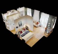 3D view of a one-room apartment with a light wood-patterned floor and furniture.