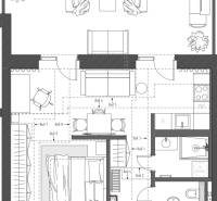 Floor plan of a 1-bedroom apartment with a living room, kitchen, bedroom, and bathroom.