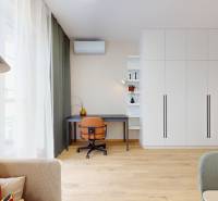 Spacious work corner in a studio apartment with a wood-patterned floor and a large window.