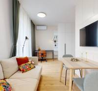 A bright living room with wood-patterned flooring, a sofa, and a dining table in a studio apartment.