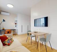 Living room in a one-bedroom apartment with wood-patterned flooring and a desk.