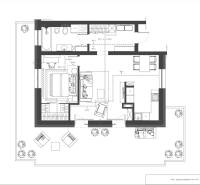 Floor plan of a 3-room apartment with a kitchen, bathroom, and terrace.