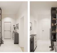 Entrance hall in a 1-room apartment with white walls, a cabinet, and shelves.