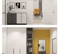 Entrance hall with furniture and decorations, floor with wood decor, space in a studio apartment.