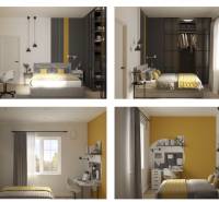A bedroom in a 3-room apartment with a gray and yellow wall, a desk, and a bed.