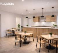 Gastro premises with wood-decor flooring, tables and chairs, minimalist interior.