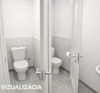 Toilets with white walls and fixtures in catering spaces.