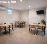 A simple interior of gastro spaces with wooden tables and a wooden decor floor.