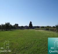 Extensive green residential plot in Jelka, Vrbová Street, bordered by trees.
