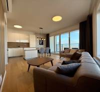 Living room with a kitchen in a three-room apartment, with a wooden decor floor and large windows.