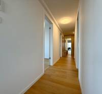 A hallway in a 3-room apartment with a wooden decor floor and light-colored walls.
