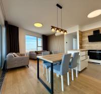 Living room with a kitchenette, equipped with sofas, a dining table, and a floor with a wooden decor.