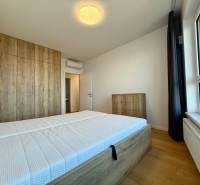 A bedroom in a 3-room apartment with a wood-decor floor, a built-in wardrobe, and a large window.