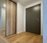 A hallway with a wooden decor floor and a built-in wardrobe in a 3-room apartment.