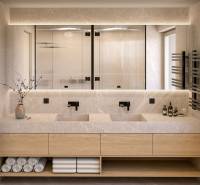 A bathroom in a 4-room apartment with a double sink, mirrors, and wooden decor.