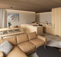 Living room in a 4-room apartment with a wooden decor floor and a dining table.