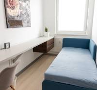 A small room in a 4-room apartment with a blue sofa and a wooden decor floor.