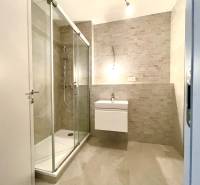 Bathroom in a 2-room apartment with a shower and a simple sink.