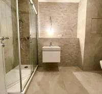 A bathroom in a 2-room apartment with stone tiles and a shower corner.