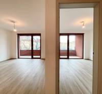 Interior of a 2-room apartment with access to a balcony, floor with wood decor.