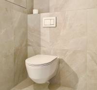 Bathroom in a 2-room apartment with a wall-hung toilet and large-format tiles.