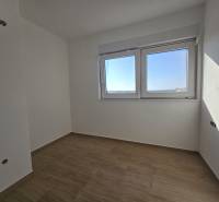 An empty room with wood-patterned flooring and two windows in a family house.