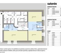 Basement floor plan of a recreational apartment with variable spaces and storage rooms.