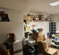 Commercial space with boxes and shelves, wooden decor flooring, white ceiling.