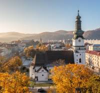Autumn panorama of the center of Zvolen with a church and surrounding buildings.