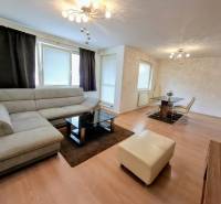 Living room in a 3-room apartment with a wooden decor floor, light furniture, and a large sofa.
