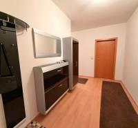 A hallway with a coat rack, mirror, and floor with a wood decor in a 3-room apartment.