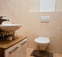 Bathroom in a 3-room apartment with a toilet and sink, tiles and cladding in beige color.