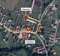 An aerial map showing Kláštor pod Znievom with marked routes between the property and grocery stores.