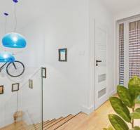 Interior of a family house with a bicycle on the wall, blue lights, and glass railing.